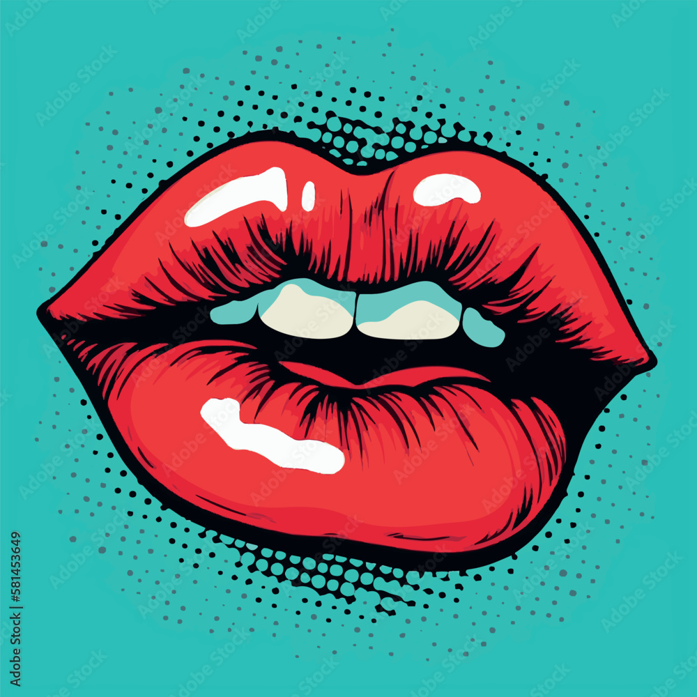 Lips pop art. Sensual mouth fashion poster. Modern vector art design of beautiful woman lips. Retro comic and cartoon style of painting. Splashes of grunge graffiti paint. Young creative art. Pop art. Lips pop art. Sensual mouth fashion poster. Modern vector art design of beautiful woman lips. Retro comic and cartoon style of painting. Splashes of grunge graffiti paint. Young creative art. Pop art.