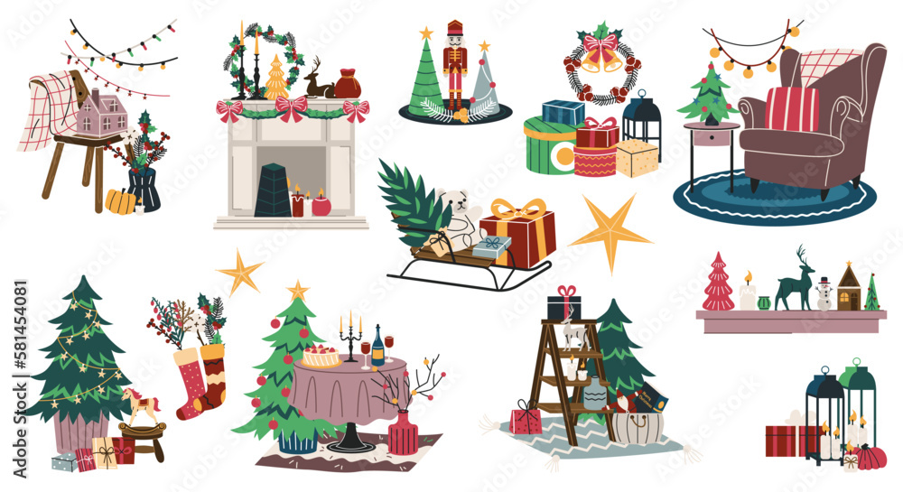 Set of Christmas home interior. Traditional decorations for winter holiday. Christmas tree, gifts, candles, wreath, garland and plants. Cartoon flat vector collection isolated on white background