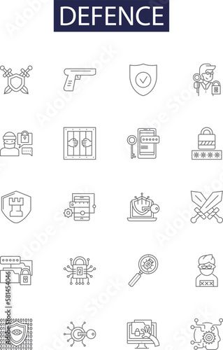 Defence line vector icons and signs. safeguard, protect, fortify, secure, ward, buttress, barricade, buffer outline vector illustration set