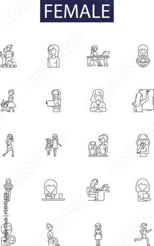 Female line vector icons and signs. Woman, Girl, Ladies, Femme, Matriarch, Womankind, Womanhood, Female outline vector illustration set