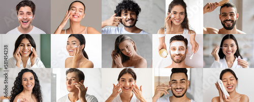 Wallpaper Mural Glad happy young multiethnic men and women apply cream, serum, mask, combing hair, enjoy spa treatments Torontodigital.ca