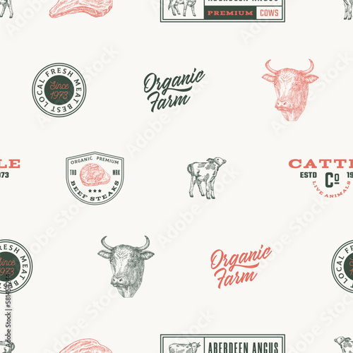 Hand Drawn Cows Illustrations and Typography Lettering Vector Seamless Background Pattern Beef Meat Steaks and Cattle Farm Products Sketches Card, Wrapping or Cover Template
