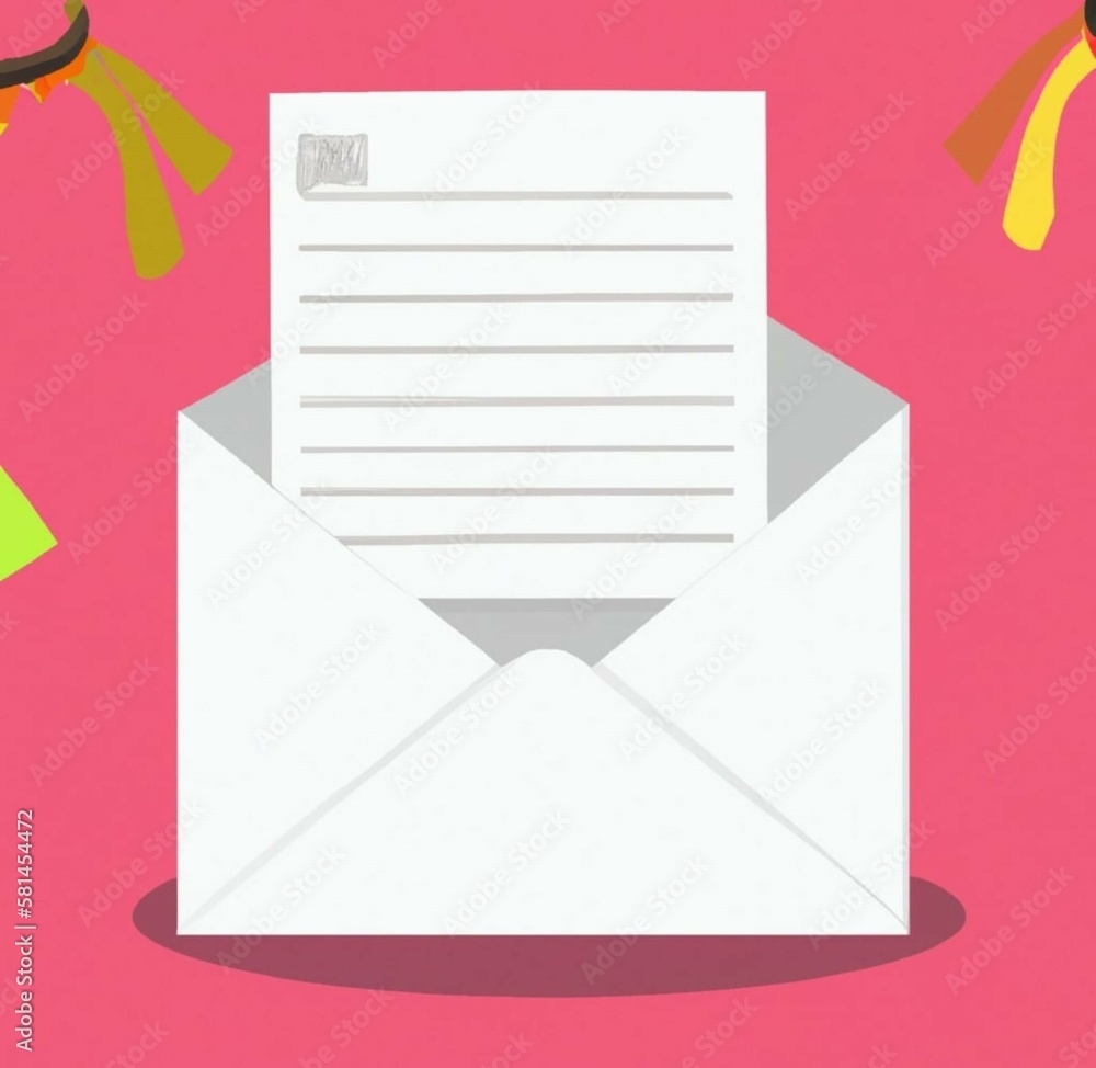 simple greeting card illustration with ribbon decoration and envelope on pink background