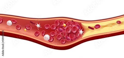 Photography 3D illustration of red blood cells and cholesterol clots cause death