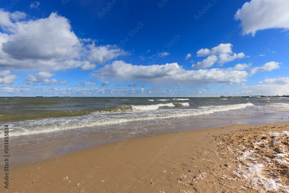 Beach of the Baltic Sea in Gdansk at sunny day. Poland