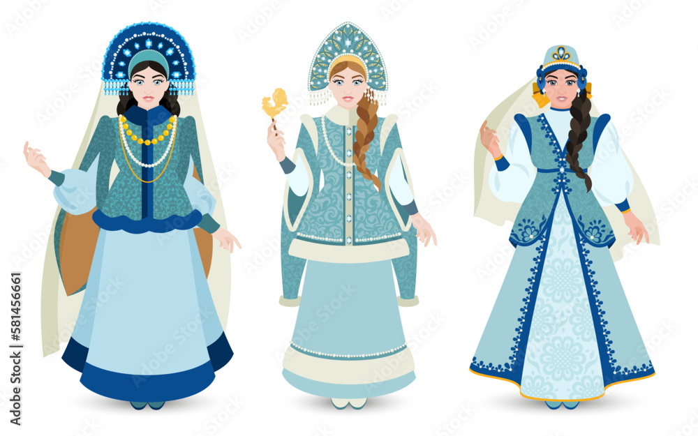 A collection of girls in rich Slavic costumes. Girls in kokoshniks, sundresses and embroidered inlaid caftans. Slavic retro fashion. Historical costume. Fashion.