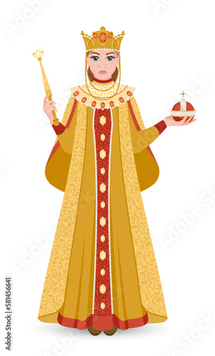 The princess. A girl in a royal Old Slavonic costume with a scepter and a power in her hands. On her head is a crown, dressed in a gold embroidered dress. Slavik's retro fashion. Historical costume.