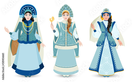 A collection of girls in rich Slavic costumes. Girls in kokoshniks, sundresses and embroidered inlaid caftans. Slavic retro fashion. Historical costume. Fashion.