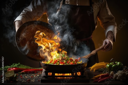 Chef prepares vegetable food in a frying pan with a flame of fire. The concept of restaurant and hotel service. Flamber or cooking over natural fire. Grande cuisine. Generative AI