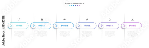 Timeline infographic with infochart. Modern presentation template with 6 spets for business process. Website template on white background for concept modern design. Horizontal layout.