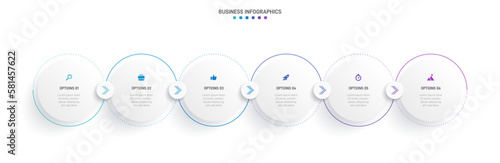 Timeline infographic with infochart. Modern presentation template with 6 spets for business process. Website template on white background for concept modern design. Horizontal layout. photo