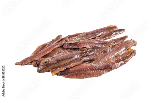 Canned Anchovies fish fillet in Olive Oil. Isolated, transparent background.