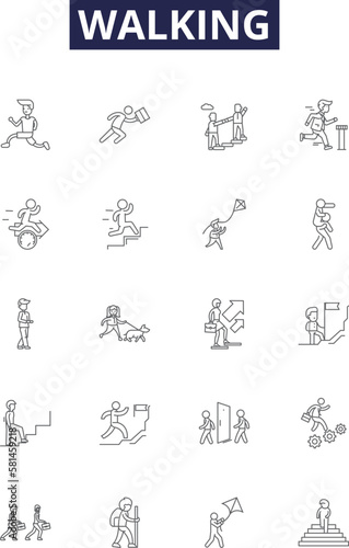Walking line vector icons and signs. Striding, Stepping, Shuffling, Meandering, Ambulating, Perambulating, Wandering, Pacing outline vector illustration set