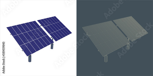Vector Solar Panel Concept. line Blueprint Wire-frame style. 