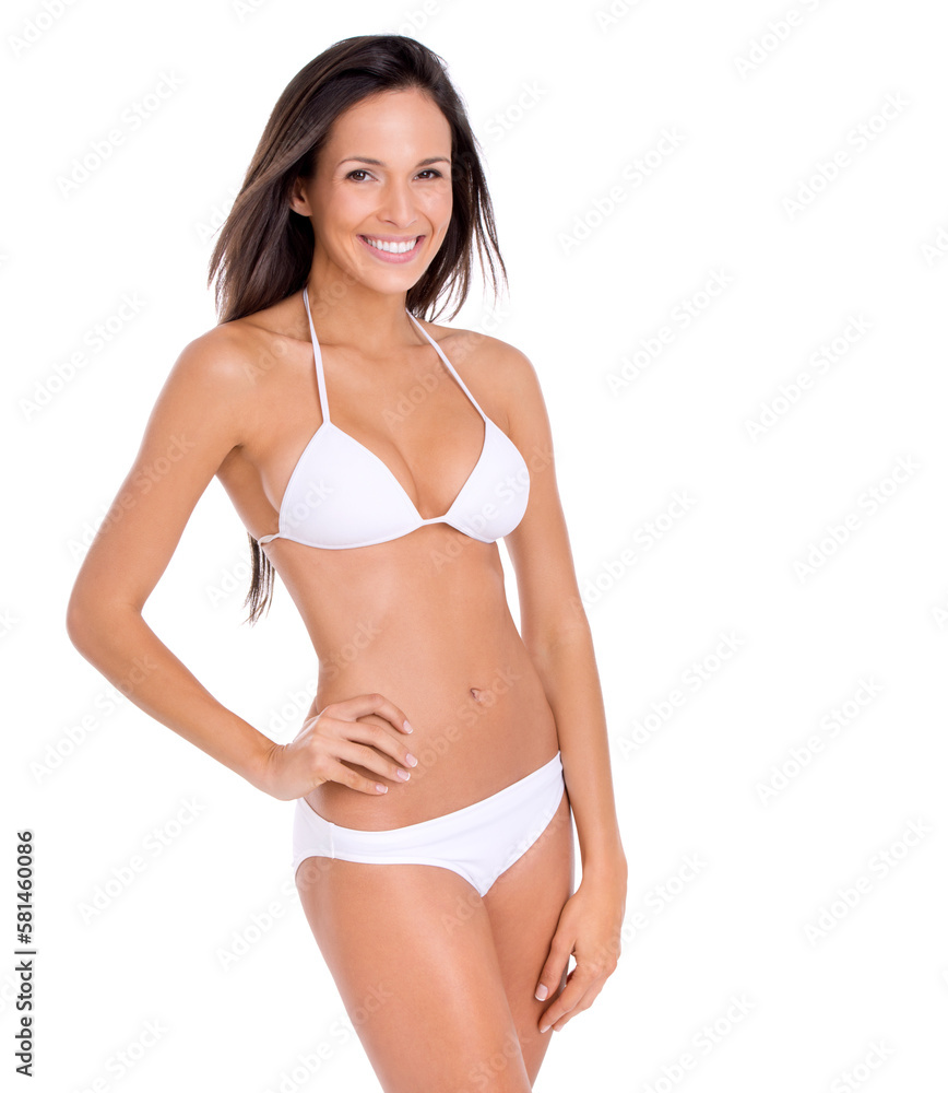 Showing off her shape. Studio shot of a beautiful brunette model in a bikini isolated on white. Showing off her shape. Studio shot of a beautiful brunette model in a bikini isolated on white.