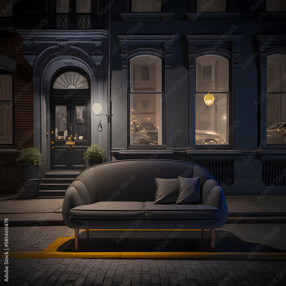 Grey sofa in the streets of New-York, Paris, London and Italy, Ai generated
