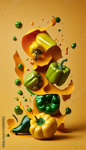 Group of Green Bell Peppers Vegetable Creatively Falling-Dripping Flying or Splashing on Yellow Background AI Generative