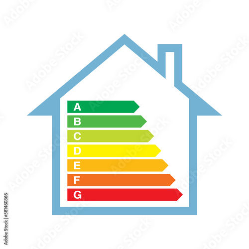 Home energy efficiency class rank vector illustration - Buildings energetic label inside home shape 