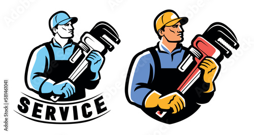 Plumber worker with adjustable plumbing and pipe wrench. Professional house building work logo. Vector illustration