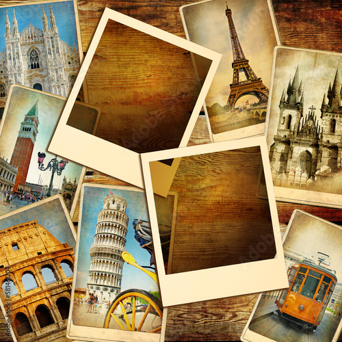 old photoalbum - travel concept vintage background with retro photo cards of european landmarks and blank frames photo