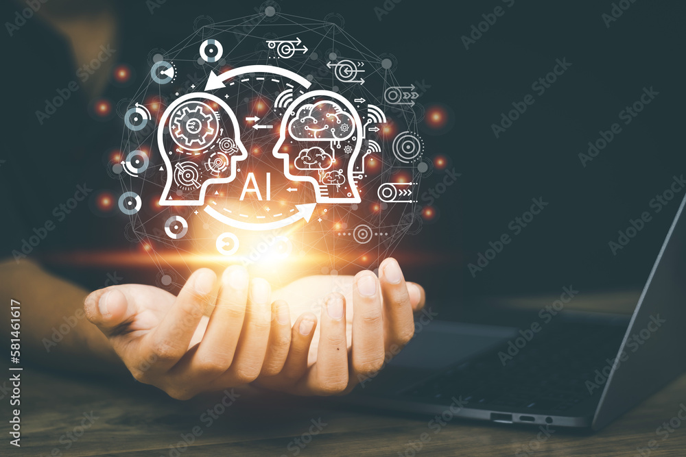 Obraz premium Ai Artificial Intelligence concept businesswoman show virtual graphic connect Internet showing the use bot Chat with AI,data storage and processing,technology,sales,service,industry to the future.