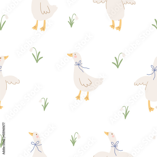 Cute goose on farm - vector print. Vector illustration in flat style