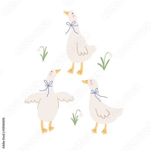 Cute goose on farm - vector print. Vector illustration in flat style
