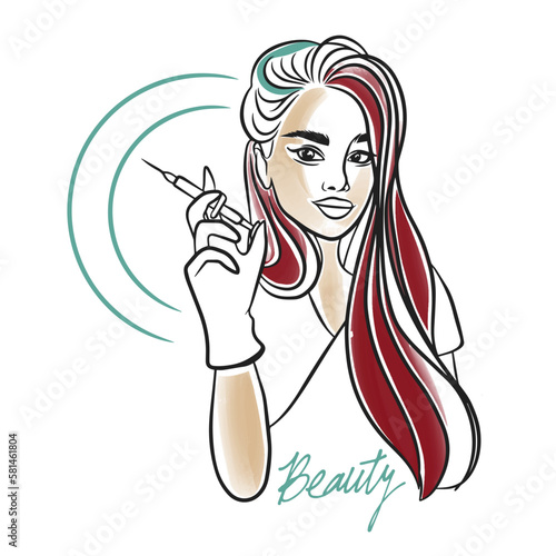 Girl beautician, syringe in hand, beauty, hand lettering, tools for beauty procedures