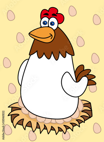 Illustration of a white laying hen incubating eggs on a yellow background