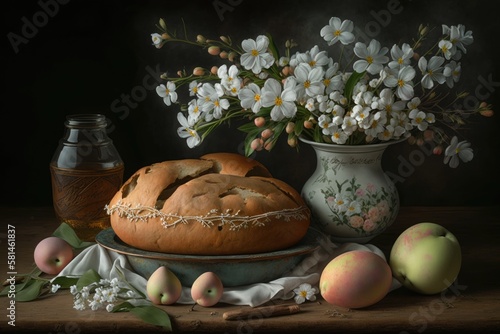 Easter eggs, bread, and apple blossoms. Generative AI © AkuAku
