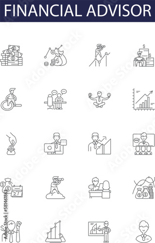 Financial advisor line vector icons and signs. Financial, Consultant, Investment, Wealth, Planner, Retirement, Banker, Tax outline vector illustration set