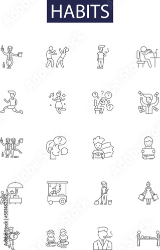 Habits line vector icons and signs. health, healthy, concept, habit, care, diet, fitness,life outline vector illustration set