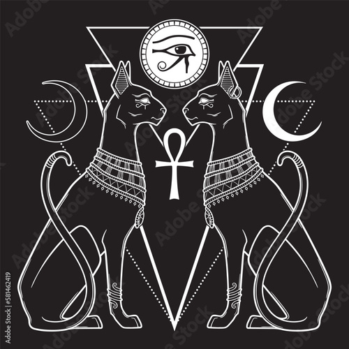 Bastet or Bast ancient Egyptian goddess sphynx cat in gothic style hand drawn vector illustration