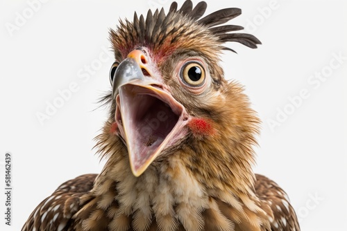 close up of a brown chicken's head with its mouth open in a startlingly humanlike manner against a white background. Generative AI photo