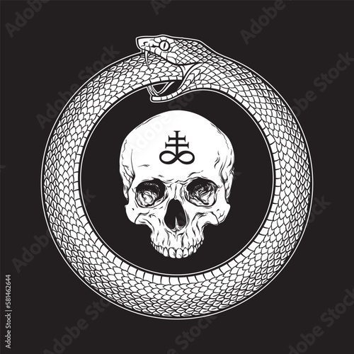 Ouroboros or uroboros serpent snake consuming its own tail and human skull with alchemical symbol of sulphur. Tattoo, poster or print design vector illustration