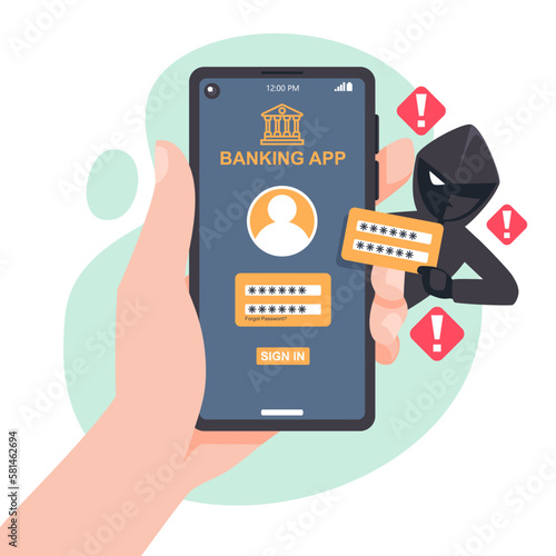 Thief Hacker attacks a smartphone by stealing an account banking app. fraud scam and steal private data on devices. vector illustration flat design for cyber security awareness concept.
