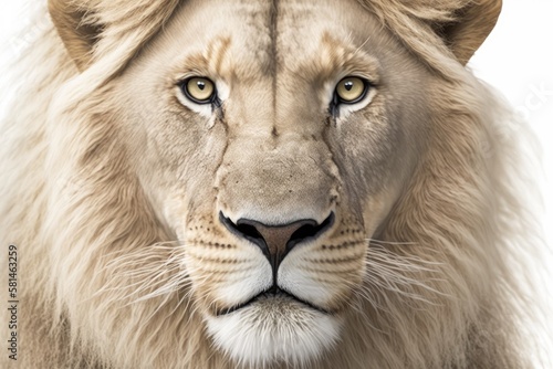 a close up of a Lion face  a 10 year old Panthera Leo  alone on white. Generative AI