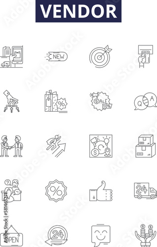Vendor line vector icons and signs. merchant, provider, seller, trader, retailer, manufacturer, furnisher, purveyor outline vector illustration set