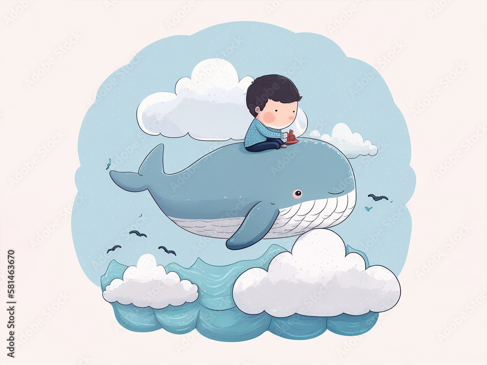 illustration of whale sleeping among clouds, generated IA