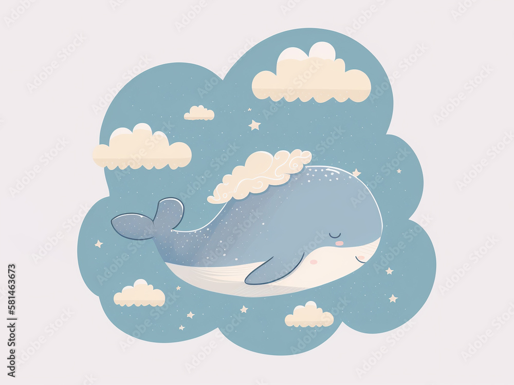 illustration of whale sleeping among clouds, generated IA