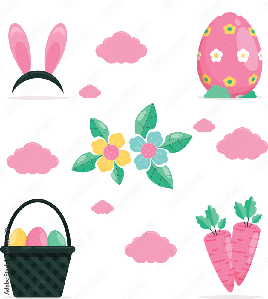 set of eggs and flowers and Easter seamless pattern with rabbits and bunny free vector set of eggs and flowers and Easter seamless pattern with rabbits and bunny free vector