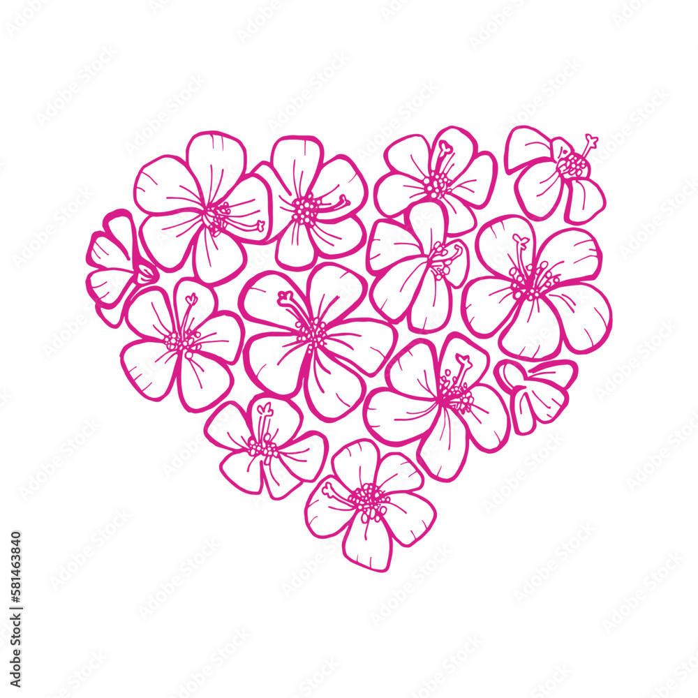 Vector flowers in shape of a heart. Flat design. Good for Valentines's Day, Wedding and Birthday design.