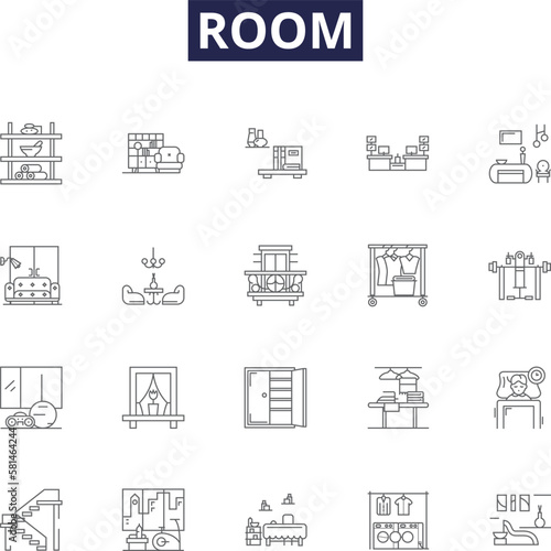 Room line vector icons and signs. Interior, Bedroom, Lounge, Kitchen, Bathroom, Hall, Den, Furnished outline vector illustration set