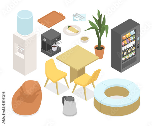 Office kitchen - modern vector colorful isometric object set