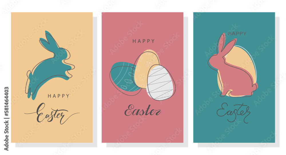 Poster and postcard happy Easter day. Easter design set with typography. Continuous drawing of the Easter bunny in one line. Modern minimalism. Vector illustration poster, banner, greeting card Poster and postcard happy Easter day. Easter design set with typography. Continuous drawing of the Easter bunny in one line. Modern minimalism. Vector illustration poster, banner, greeting card