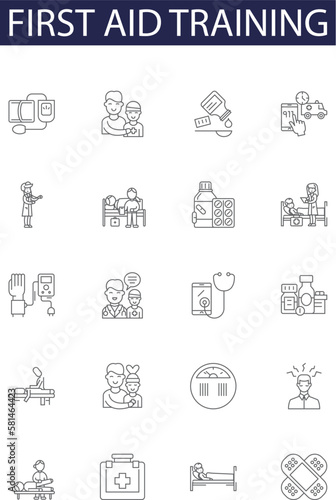 First aid training line vector icons and signs. training, CPR, treatments, healing, life-saving, resuscitation, wounds, emergency outline vector illustration set