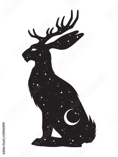 Silhouette of Jackalope hare with horns folklore magic animal with night sky with crescent moon gothic tattoo design isolated vector illustration