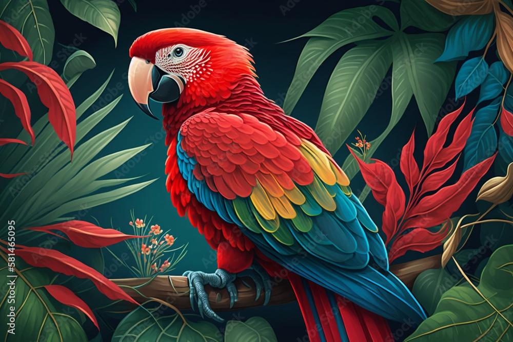 Obraz premium Realistic Illustration of Exotic Pet Parrot on Perch with Lush Tropical Foliage generative ai