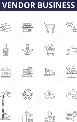 Vendor business line vector icons and signs. Business, Supplier, Seller, Retailer, Company, Manufacturer, Store, Shipper outline vector illustration set