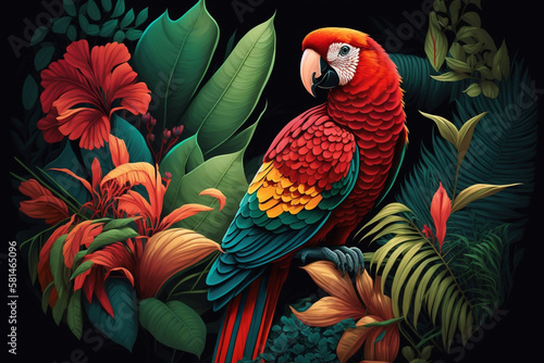 Realistic Illustration of Exotic Pet Parrot on Perch with Lush Tropical Foliage generative ai © Luminest